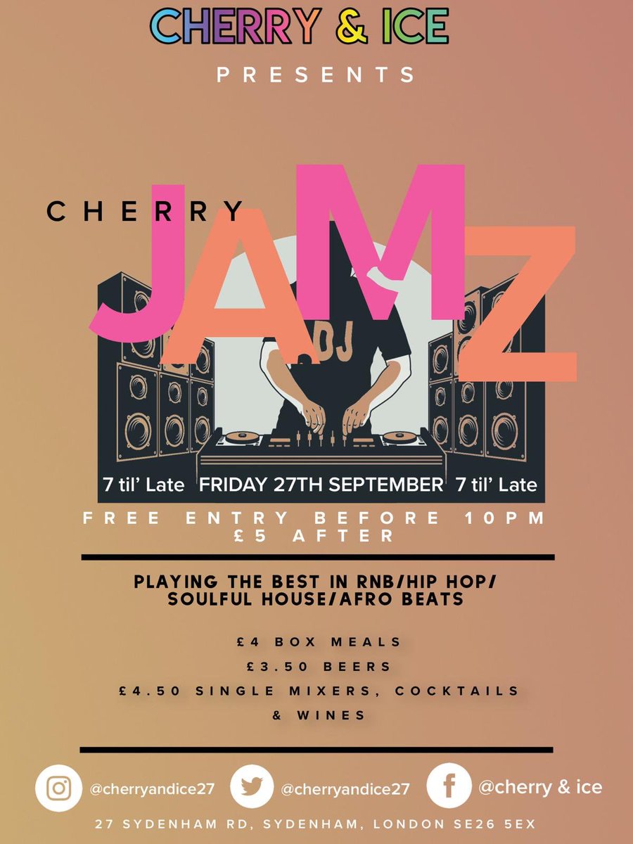 cherryandice27's tweet photo. Check out events for this month..
Let’s talk about it 10th Sept/Cherry Jam 13th Sept/A night with?? 17th Sept/Cherry Jam 27th... 
#party #debate #discussion #discuss #dance #community #goodvibes #cocktails #food https://t.co/cGM6Vfa5ly
