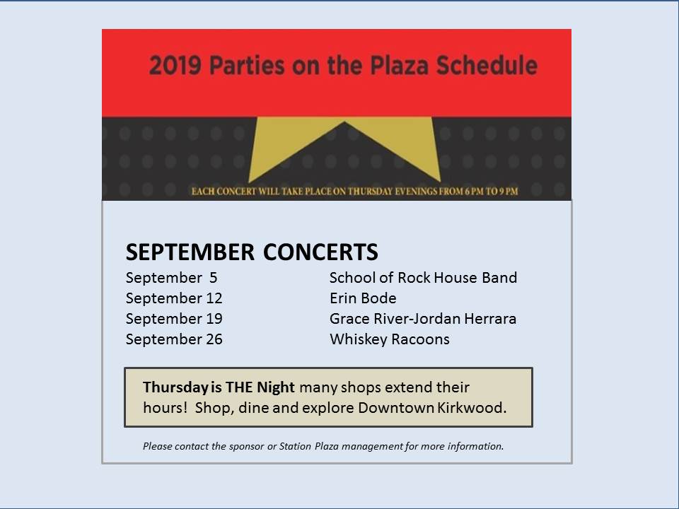 Here's a schedule update for the Thursday night concerts at Station Plaza. It is going to be a beautiful evening tonight!