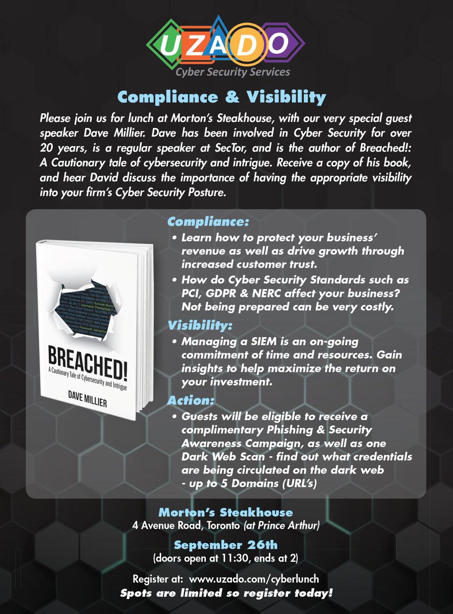 Uzado_'s tweet image. Please join us for lunch at Morton’s Steakhouse. Our very special guest speaker Dave Millier will discuss the importance of having the appropriate visibility into your firm’s network. Sign up here: ow.ly/AbF530ptWqP