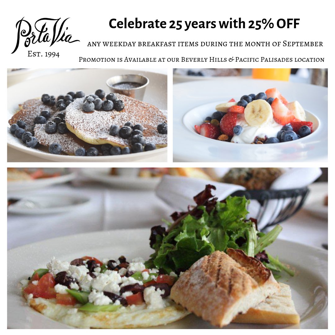 In honor of our 25th anniversary, Porta Via is offering you 25% OFF any weekday BREAKFAST items in the month of September during normal breakfast hours! 🥞

Show this post to your server upon seated and discount will be applied. 

Promo is available at both of our locations.
