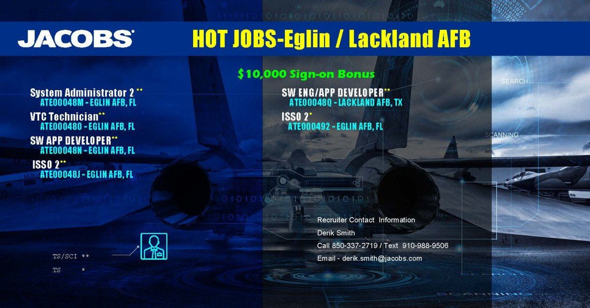 JacobsSLGJobs's tweet photo. Check out Our #HotJobs at Eglin AFB and Lackland AFB! #JoinJacobs https://t.co/qP3g6de6SE