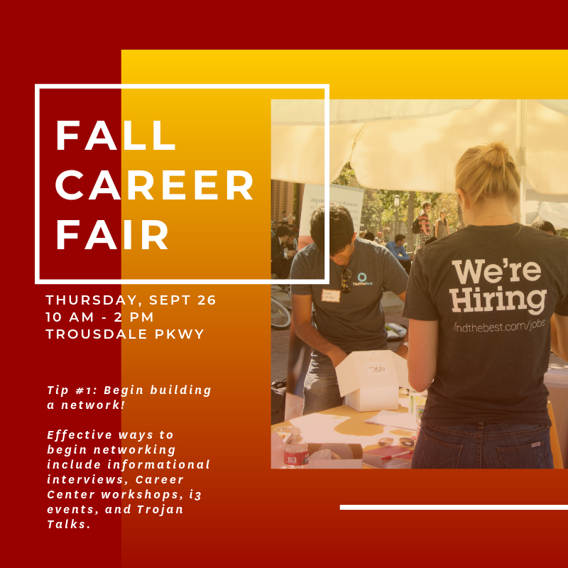 USCCareerCenter's tweet photo. T-21 days until our annual FALL CAREER FAIR 🙌

It's never too early to start building a network! Login to connectSC and check out our events and workshops to build connections and find out more about industries and organizations before the big event! https://t.co/9JyG0IW2eN