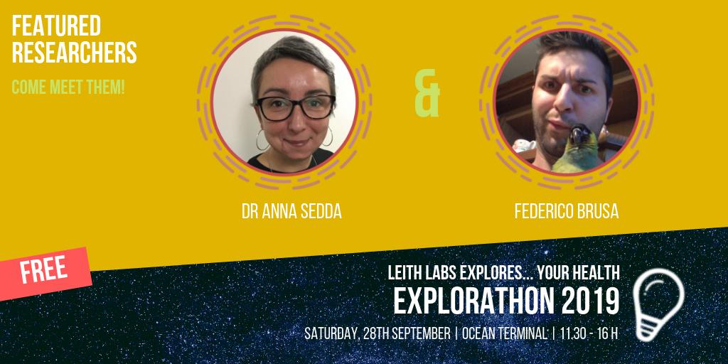LeithLabs's tweet photo. 👩🏽‍⚕️🧪 Get to know the researchers you´ll meet at  #Explorathon19 | #LeithLabsExplores Your #Health! on the 28 Sep.

Today, we introduce @AnnaSedda and @BrusaFederico   from @HWPsych . Check our FB to see their story! 👇🏽👇🏽

https://t.co/2puWr80r6H

+info: https://t.co/bGxR7LP5gE https://t.co/xyDTxdmASS