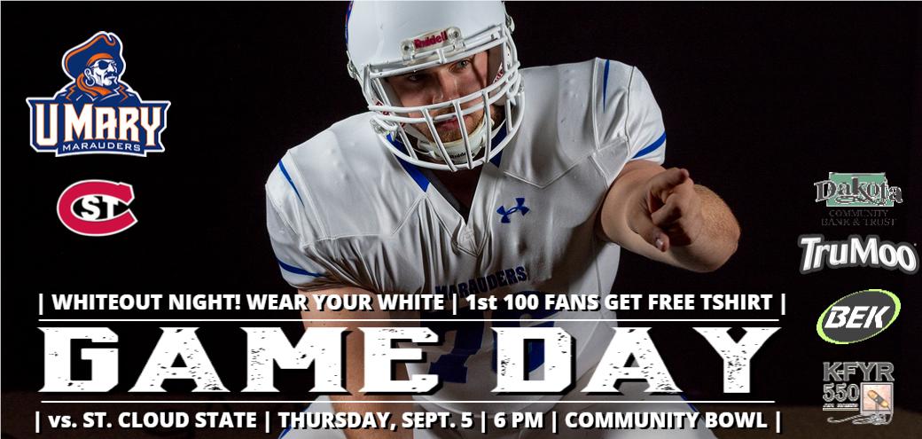 umarysports's tweet photo. GAME DAY IS HERE! 
🏈 @UMaryFB 🆚 @SCSUHUSKIES
🏟️ MDU Resources Community Bowl
🕖 6 pm
💻 https://t.co/ktZUlqd2b1
📊 https://t.co/ktZUlqd2b1 📺 @BEKSports
📻 @KFYR550 

Wear your white as we WHITEOUT the Bowl! 1st 100 fans get a FREE tshirt! #HooksUp #RedFlag https://t.co/ttYoEDIBUx