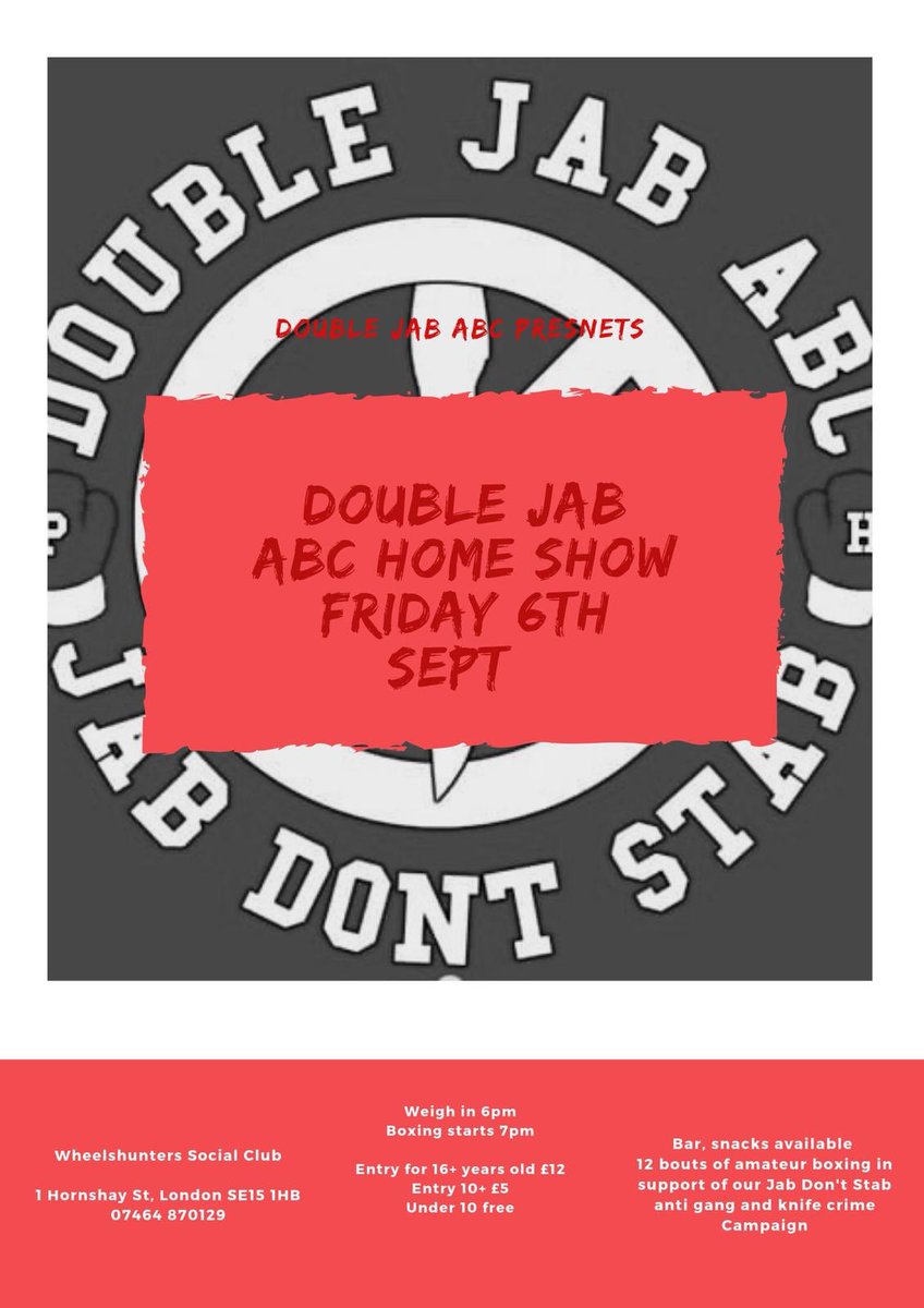 Double Jab ABC Boxing Home Show tomorrow Friday 6th September!

Details can be found below #homeshow #Lewisham #boxing