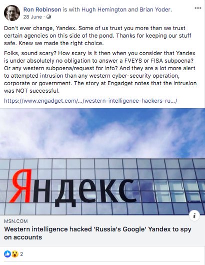 3/ Ron thanked Yandex (Russia's Google) "for keeping our stuff safe" from the US government on June 28, 2019 while tagging two other members of the California Tea Party.Does this not concern you? @nedryun  @vrobinson  @Sousaiv  @jesse_r_benton  @VincentHarris  @MichaelDuncan