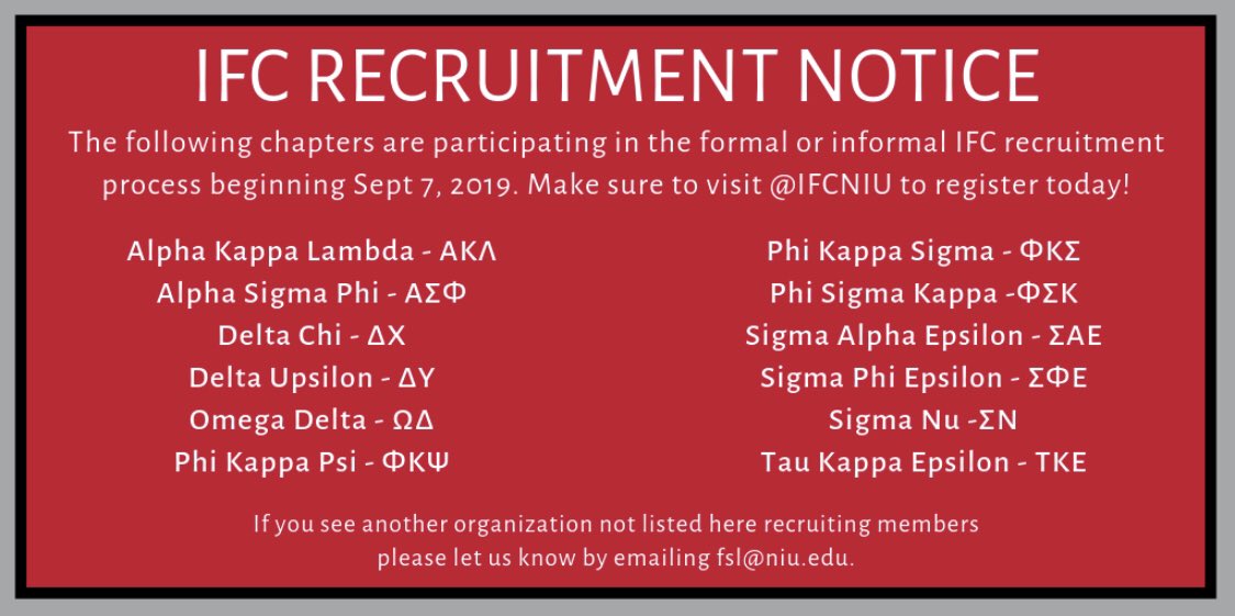 Make sure you learn more about each of our IFC chapters participating in recruitment activities beginning this weekend! Registration closes today! <a href="/IFCNIU/">NIU IFC</a> <a href="/NIUlive/">NIU</a> #niu