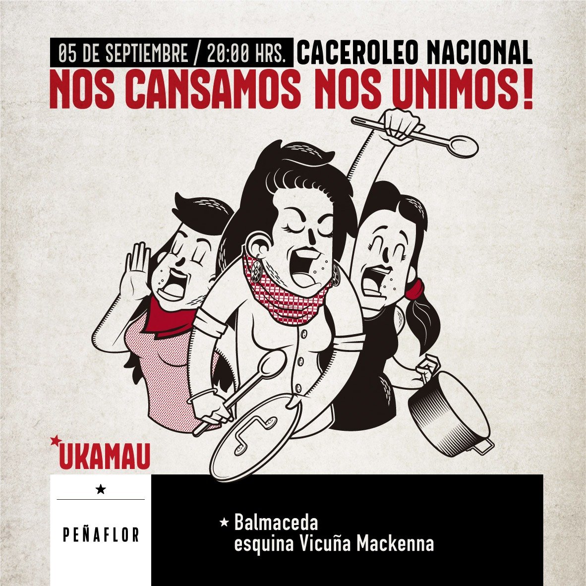 Revisa los puntos de caceroleo #Ukamau a las 20.00 hrs en el marco de la #ProtestaNacional #NosCansamosNosUnimos #Cerrillos #EstaciónCentral #Peñaflor