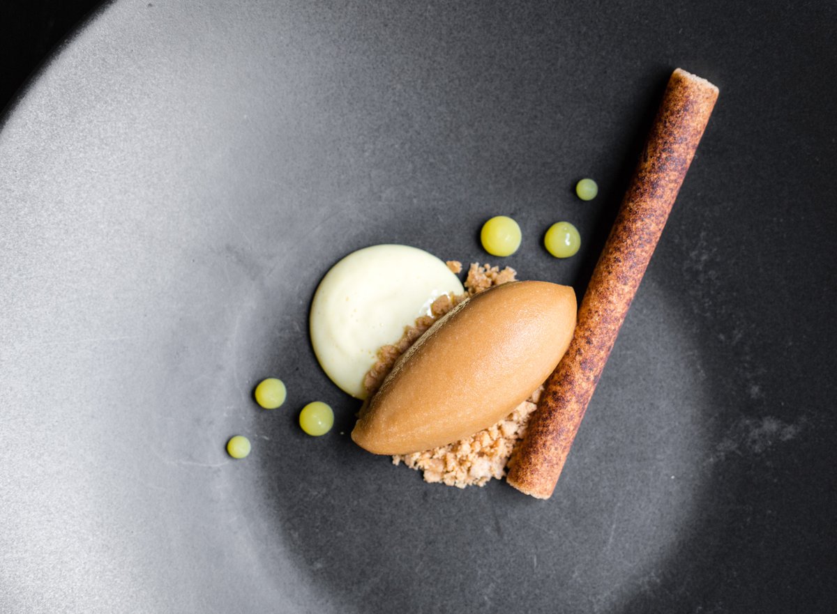 Toffee sorbet, meyer lemon gel, pine and cinnamon tuile