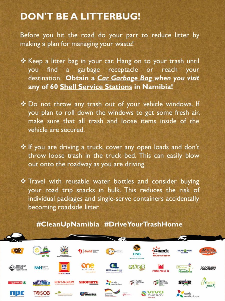 VivoenergyNam's tweet photo. Traveling over the weekend? Here's how you can become an environmental crusader from the comfort of your vehicle!
#CleanUpNamibia #DriveYourTrashHome https://t.co/qmOEp9U3oE