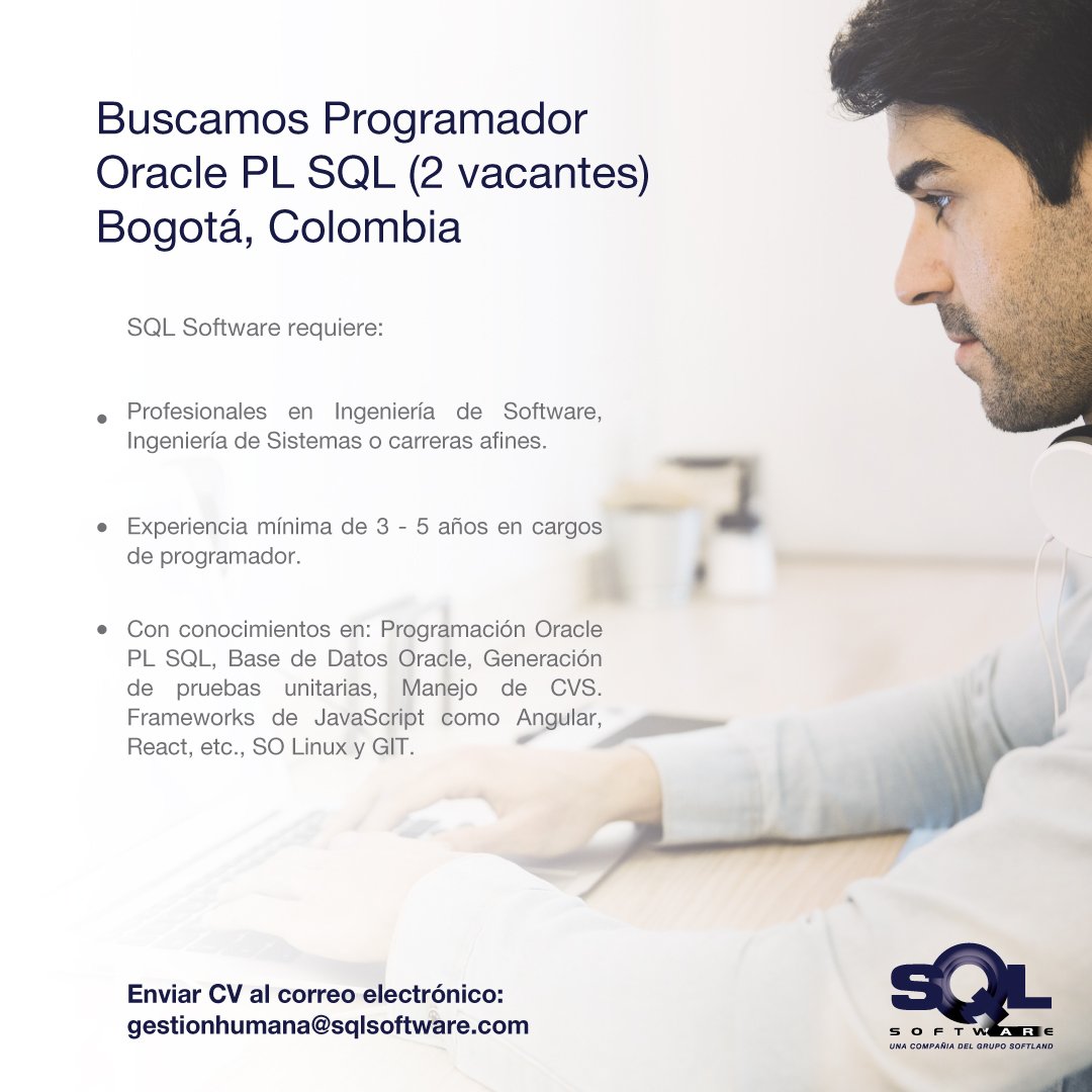 SQL_Software's tweet photo. En #SQLSoftware buscamos Programador Oracle PL SQL. Envía tu CV al correo electrónico: gestionhumana@sqlsoftware.com. https://t.co/hEv9ZKmwUY