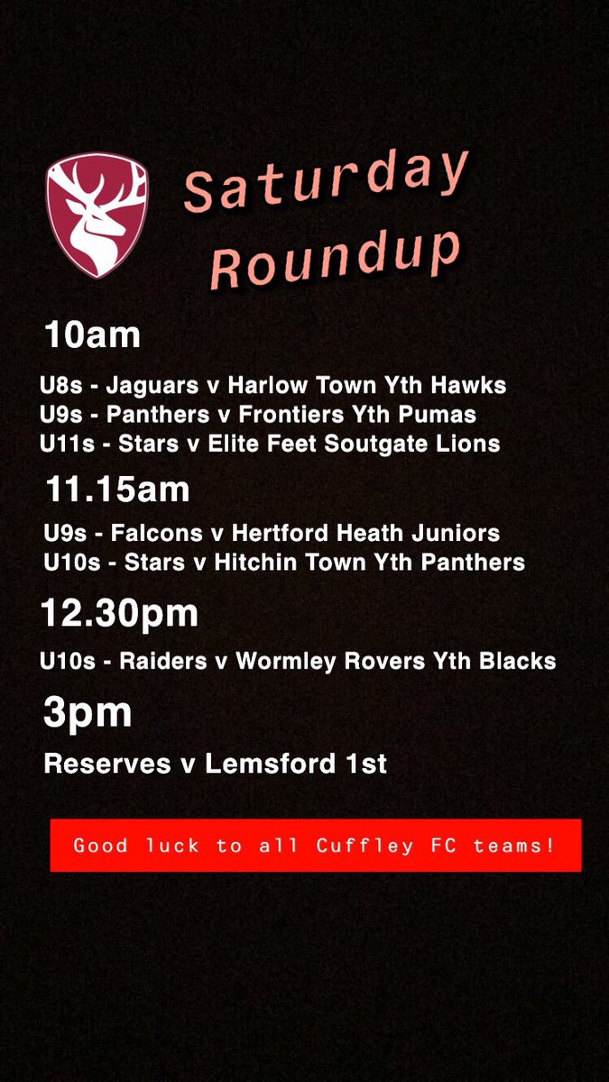 CuffleyFC's tweet image. Saturday’s matches. The clubhouse will be OPEN for drinks, bacon baps, snacks, etc! Good luck to all Cuffley FC teams #cuffleyfc #footballfamily