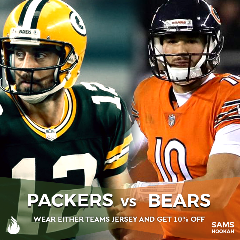 sams_hookah's tweet photo. • PACKERS vs BEARS •
Come enjoy good food, amazing hookah, and 10% off when you wear either team's jersey!
.
.
#thursdaynightfootball #samshookah #hookah #vape #football #nfl #packers #bears #bearsforlife #packersnation https://t.co/ZMteAeQnAQ