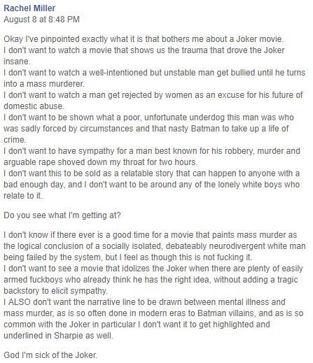 Why the Joker movie is problematic. Rachel Miller nails it.