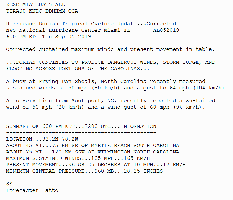 NHC_Atlantic's tweet photo. Here's the 6pm EDT update on #Dorian: Dorian continues to produce dangerous winds, storm surge, and flooding across North and South Carolina. Latest info at https://t.co/tW4KeFW0gB https://t.co/zb4czLUpJF