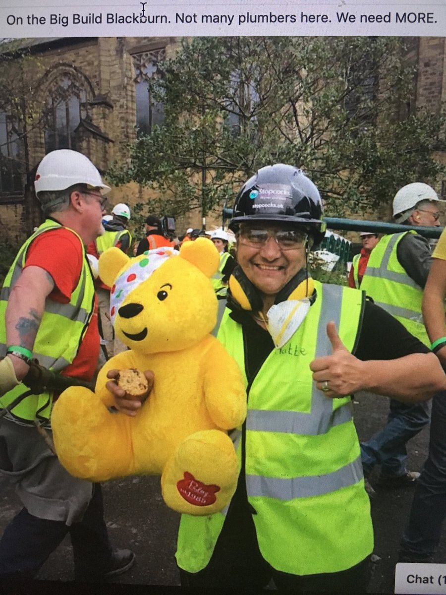 Stopcocks's tweet photo. Here’s ⁦@HattieHasan⁩ #heatingengineer and #plumber ready to volunteer for 10 x 12 hour days at least for #BBCDIYSOS #Blackburn #ChildrenInNeed wearing her #BigGirlsBlouse https://t.co/p16R7nmLNG
