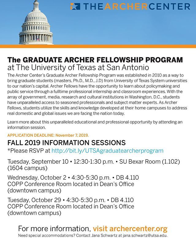 hcaputsa's tweet photo. Sign up for an info session to learn how you can be a Graduate Archer Fellow. Details on flyer. See how you can study public policy in Washington, D.C., earn #UTSA credit, and get a head start in your career. #utsagraduateschool https://t.co/8ZHAWbvyzc https://t.co/qgbFOTsYs1