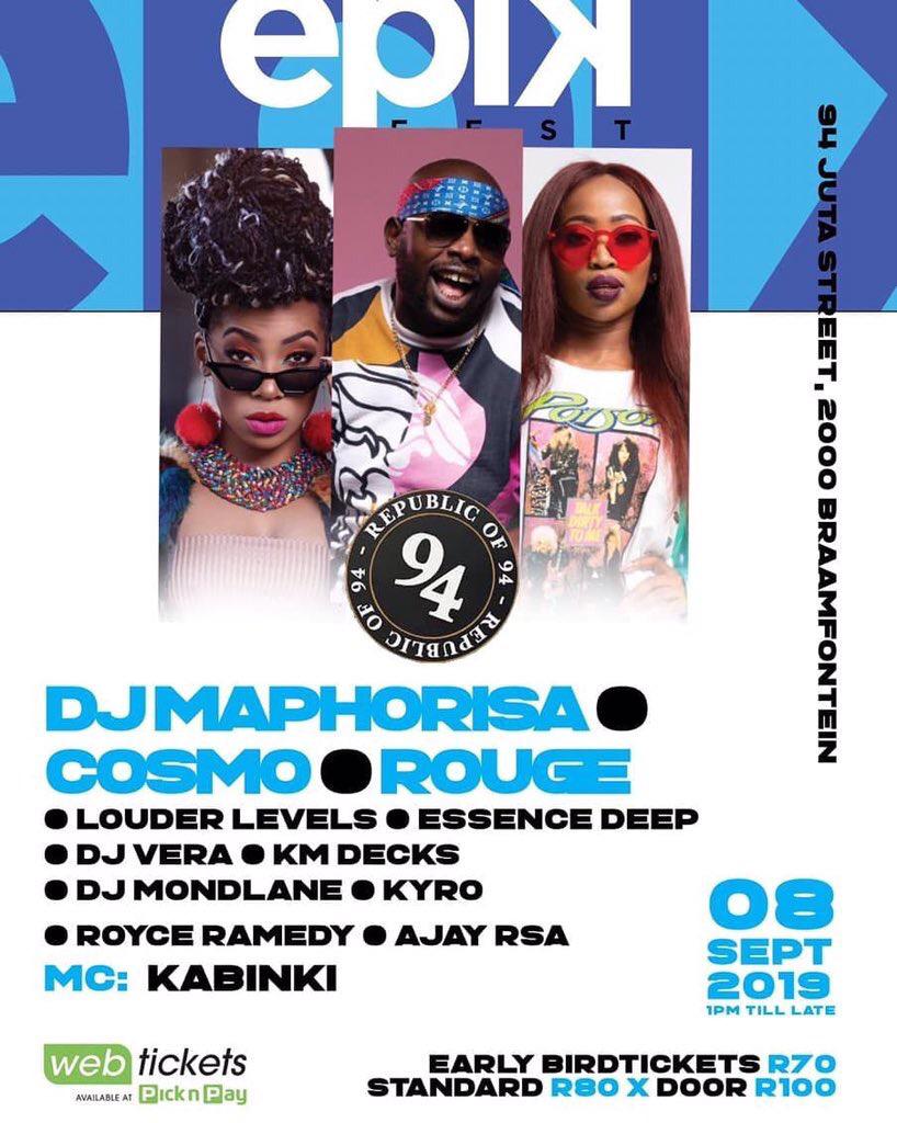 LifeOfKaymo's tweet photo. We're out at #EpikFest alongside @DjMaphorisa, @Rouge_Rapper and @MsCosmoSA this Sunday out at Republic of 94 in Braam. Get your tickets now from: https://t.co/bhnmDxuk9r https://t.co/UXYLzpp2hb