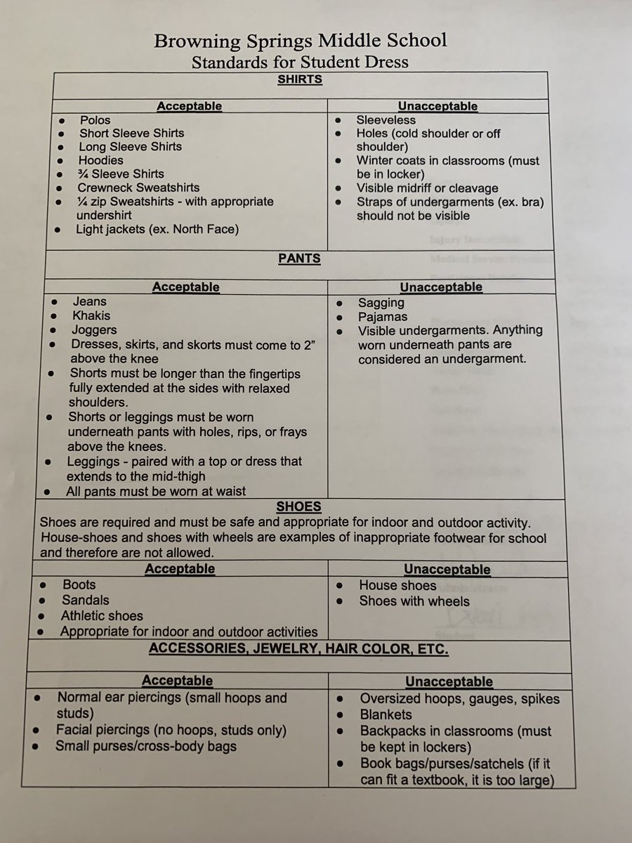 A friendly reminder of our Standards for Student Dress here at BSMS. Remember that leggings may be worn but MUST be paired with a top or dress that extends to MID-THIGH. Also, jeans can have rips or frays, but NO SKIN SHOWING ABOVE THE KNEE.