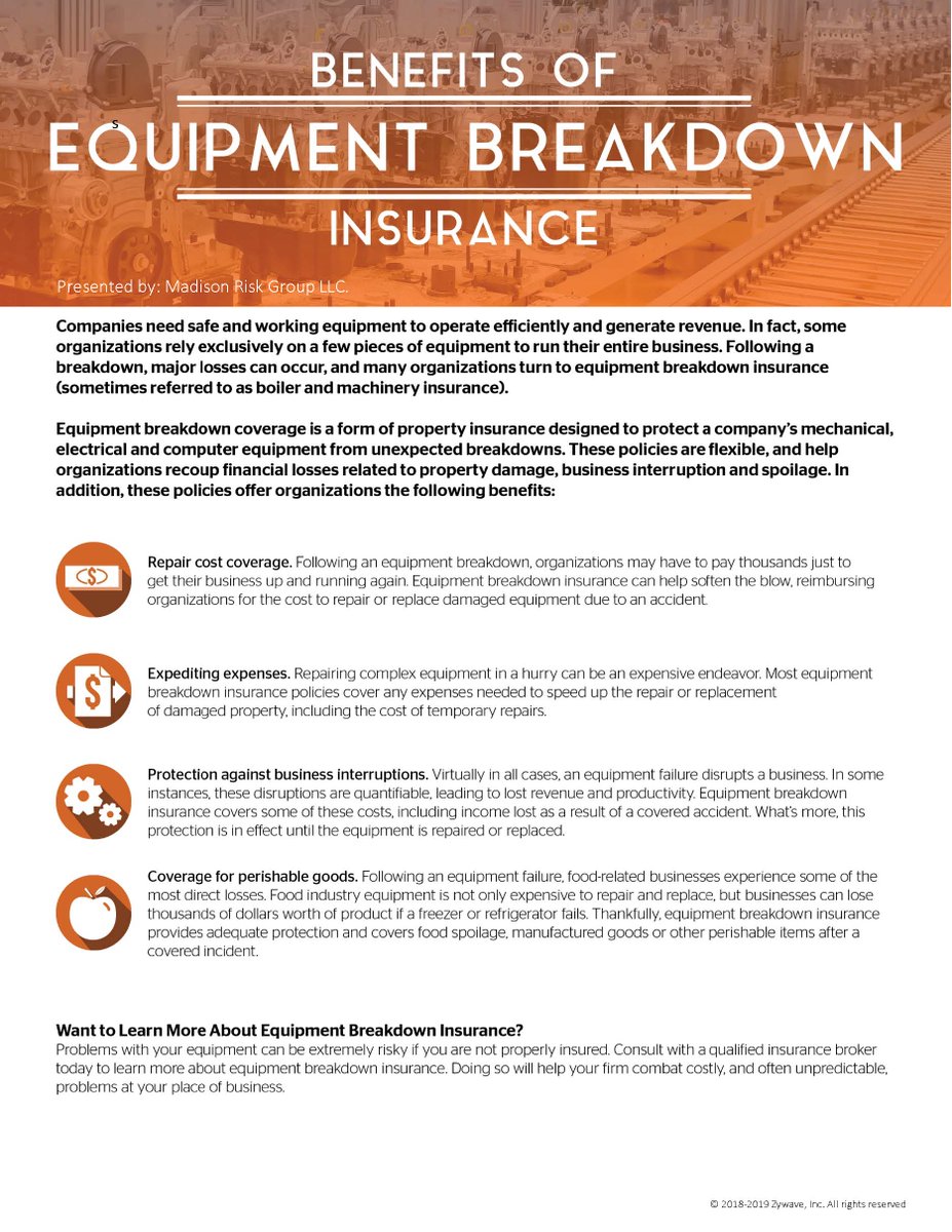 RiskMadison's tweet image. Equipment Breakdown coverage is a form of property insurance designed to protect a company's mechanical, electrical and computer equipment from unexpected breakdowns. Is your equipment fully covered from unexpected losses? Read below to understand the benefits of Equip. Breakdown