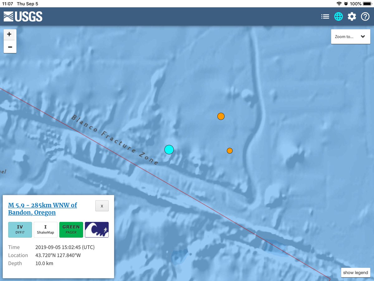 FaultWhisperer's tweet photo. #Breaking
M 5.9 - 285km WNW of Bandon, Oregon
#Earthquake|Aftershock
2019-09-05 15:02:45 (UTC)
43.720°N 127.840°W
10.0 km depth
#Blanco|Fracture Zone #TransformFault https://t.co/P6guhrhSEf