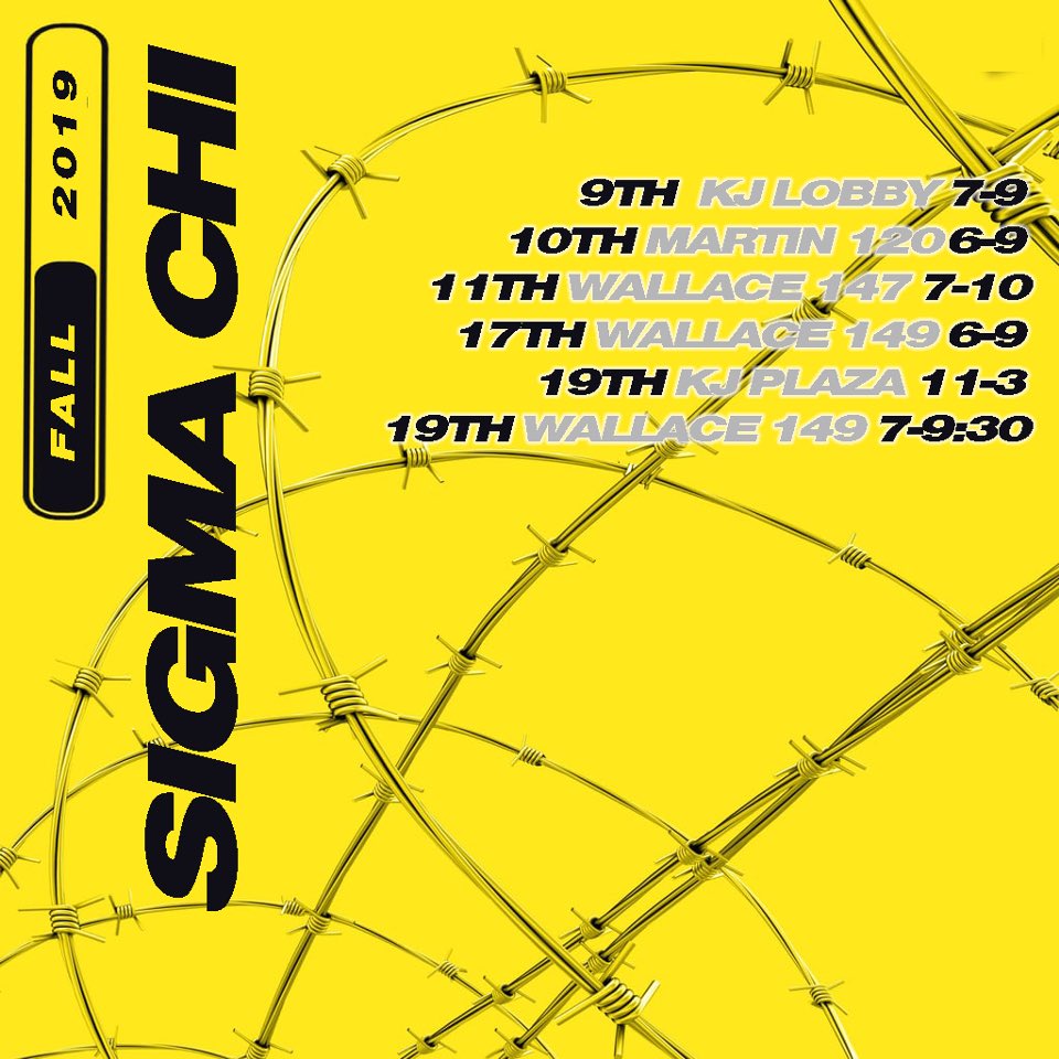 🚨Our Fall 2019 Rush schedule is here!

Be sure to come check us out on these dates, if anything changes we will be sure to notify with Twitter updates. 

Any questions shoot us a DM!