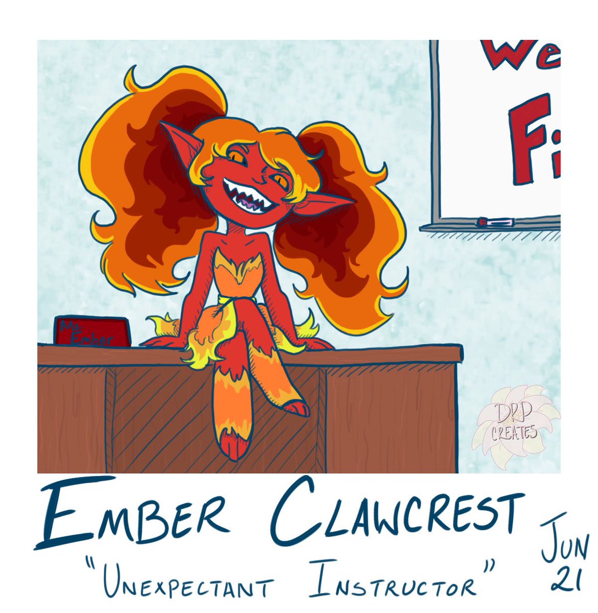 drpcreates's tweet photo. I've been stuck on Ember's memory so I'm even further behind on these birthday drawings. This pint-sized lady's favorite memory is shocking a class she was instructing when she announced that she was the one in charge. #digitalart #fireimp https://t.co/v9LN0dCAqm