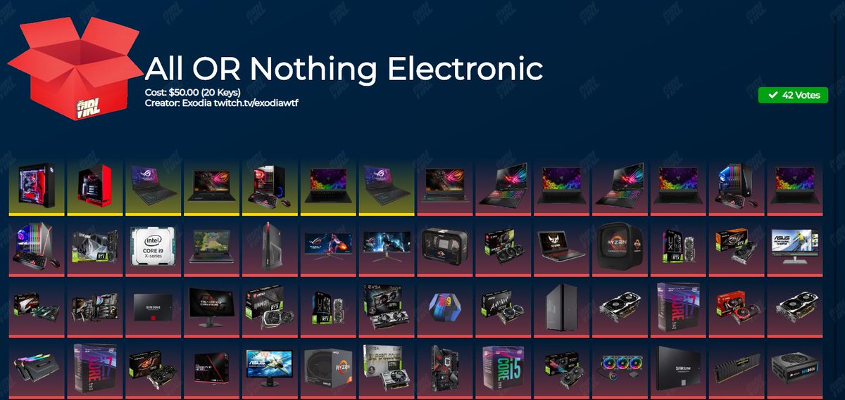 🎉 The first community created vIRL Box is live! @WtfExodia's creation was the highest voted and so it was added to the lineup of vIRL boxes.

Open the "All OR Nothing Electronic" vIRL Box today on your favorite unboxing website, and create your own at vIRLBoxCreator.com!