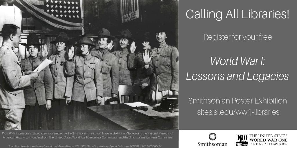 ALALibrary's tweet image. Reminder: @Smithsonian is offering a free poster exhibition to libraries, while supplies last. Request yours by Sept. 13: sites.si.edu/ww1-libraries #LibrariesTransform #ProgrammingLibrarian