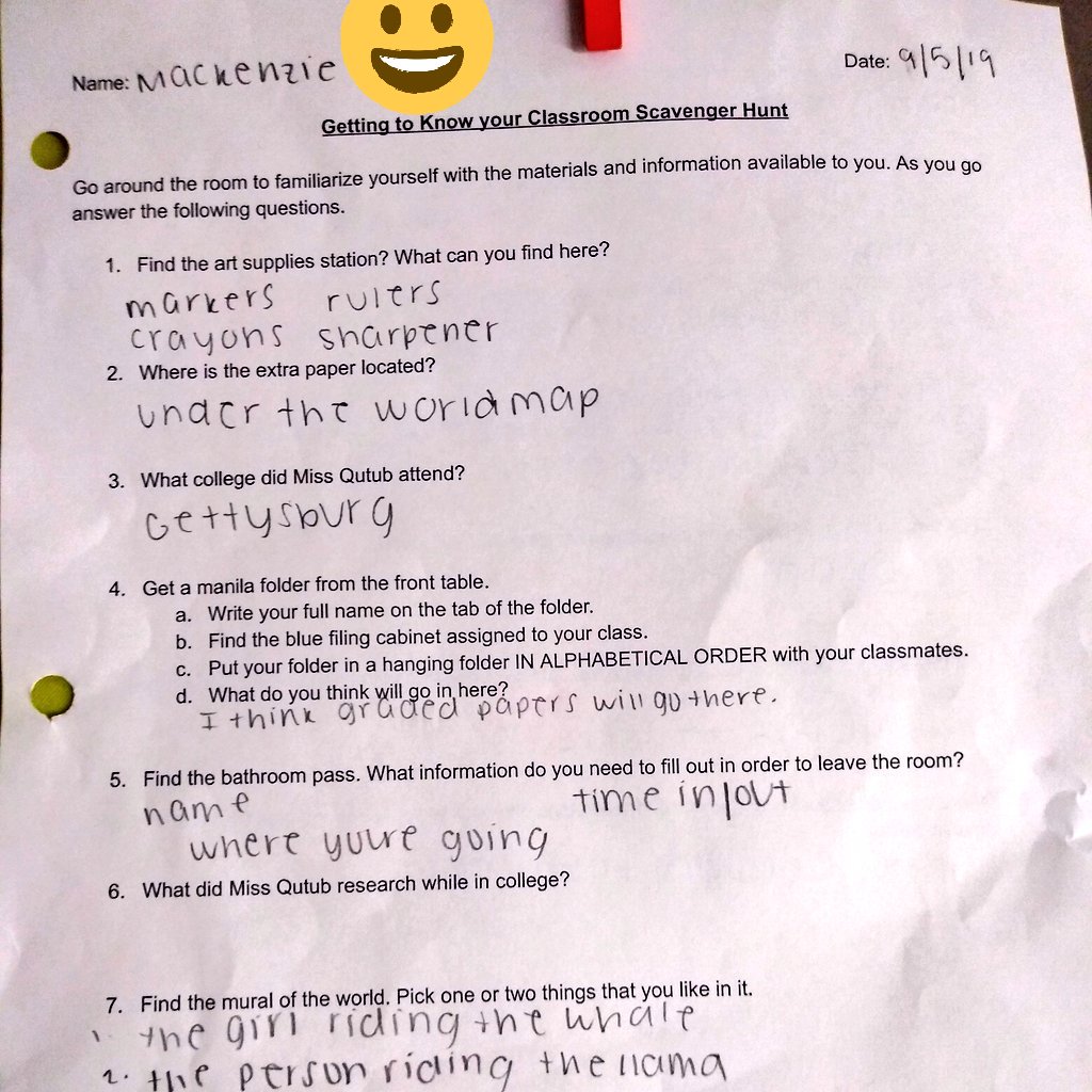 msqutub's tweet photo. Welcome back! Started off the school year with a getting to know you activity involving eggs and a classroom scavenger hunt! https://t.co/i5PjM4WVfJ