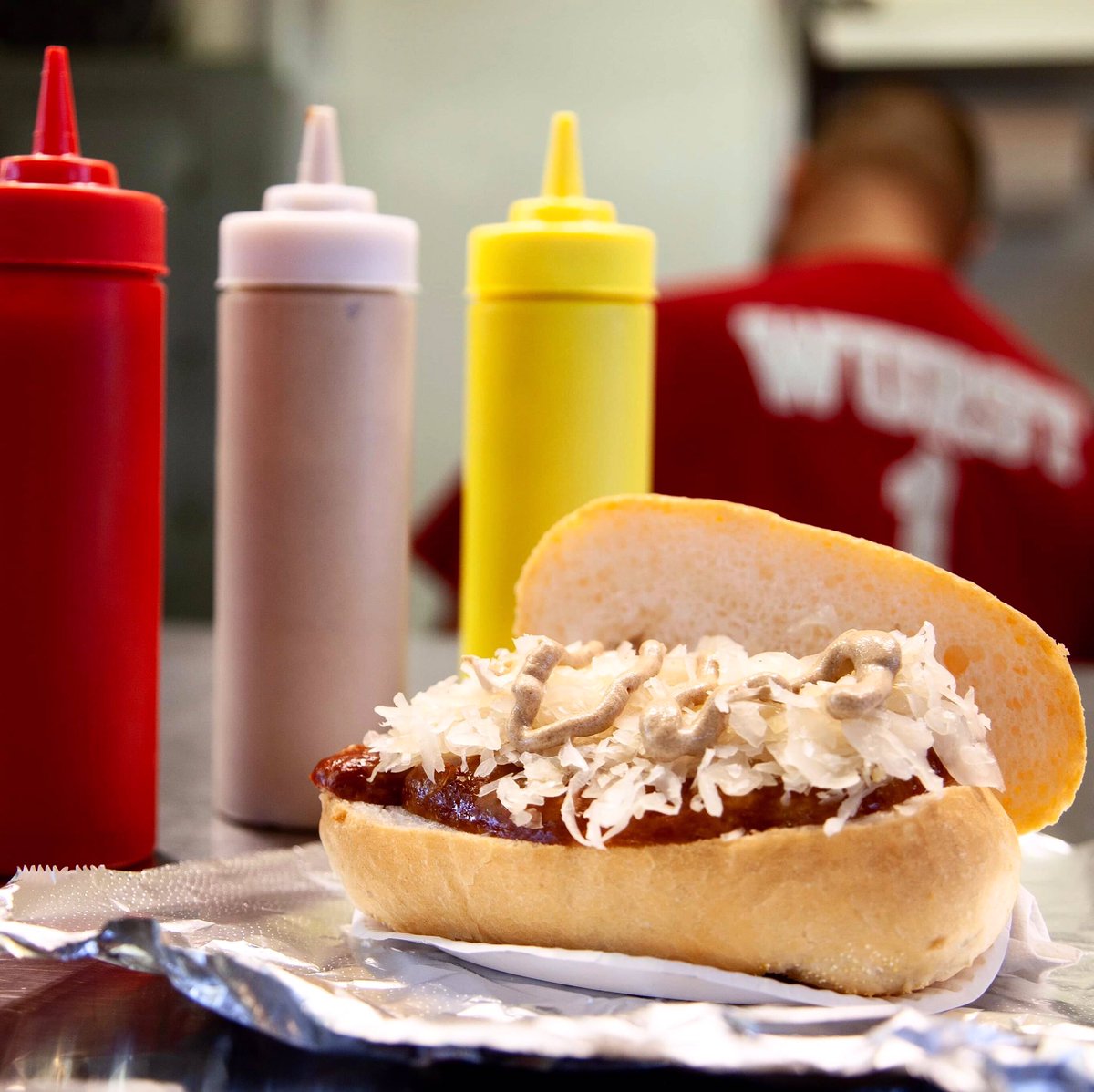 WestSideMarket's tweet photo. Frank’s Bratwurst , hard roll, kraut, stadium mustard. Tastes like Cleveland 🤤 https://t.co/HYvwIgttAH