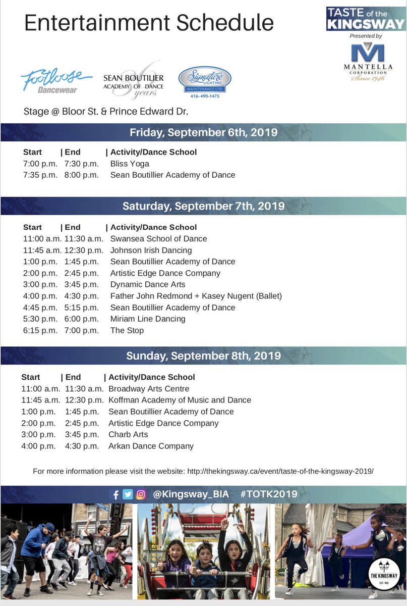 Taste of the Kingsway is fast approaching! Come on by this weekend September 6th-8th to enjoy some great family fun! With lots of games, live entertainment and great food to eat you’ll be sure to have a lot of fun! Check out the Footloose Dancewear Stage schedule below! #TOTK2019