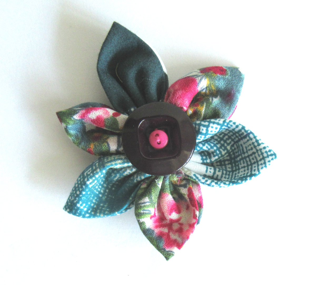 Soft Fabric Kanzashi Flower Brooch/  Hair clip/ Magnet, Handmade, OOAK Textile Flower w Black Button Center etsy.me/2UuajhP   #giftforher #Sustainability #gift #epiconetsy #etsyhandmade #etsymntt #specialtooo  #Specialtoo #womaninbiz