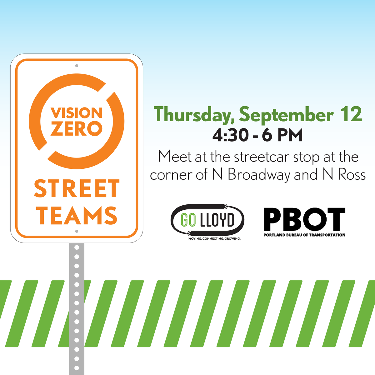GoLloydPDX's tweet photo. Help us and the Vision Zero Zebra share safety tips for people walking, biking, or driving in the Lloyd neighborhood at next week's #STEPtemberpdx #VisionZero Street Team with @PBOTinfo. Meet at the Streetcar stop at N Broadway and N Ross. Register: https://t.co/CjJNMQSEk0 https://t.co/r9rht57lH0