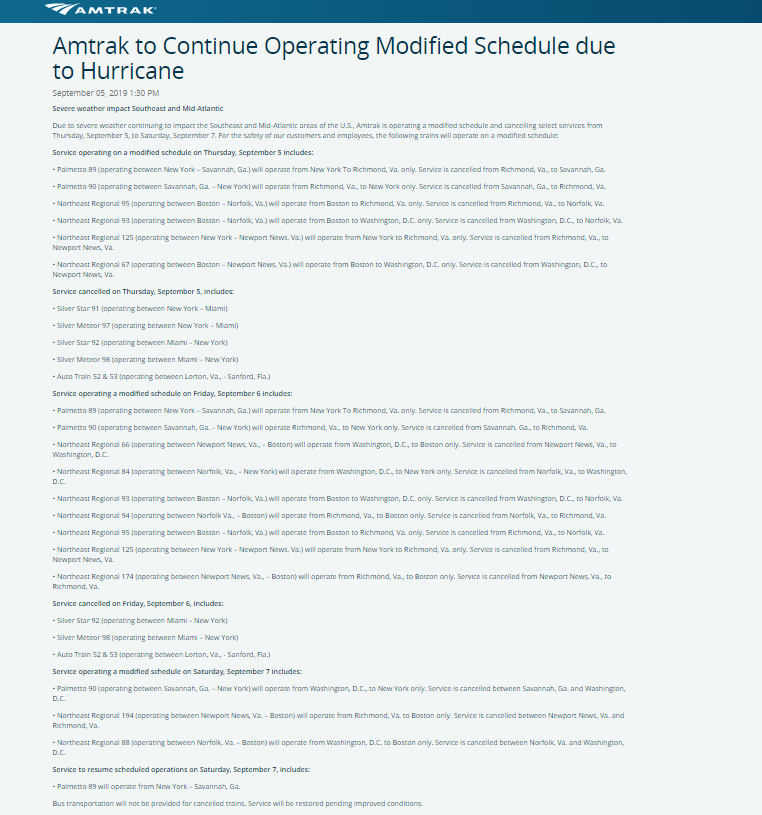 AmtrakNECAlerts's tweet photo. UPDATE: Amtrak to Continue Operating Modified Schedule due to Hurricane. 
https://t.co/V1DElXPw9c https://t.co/kQaYBXdGsi