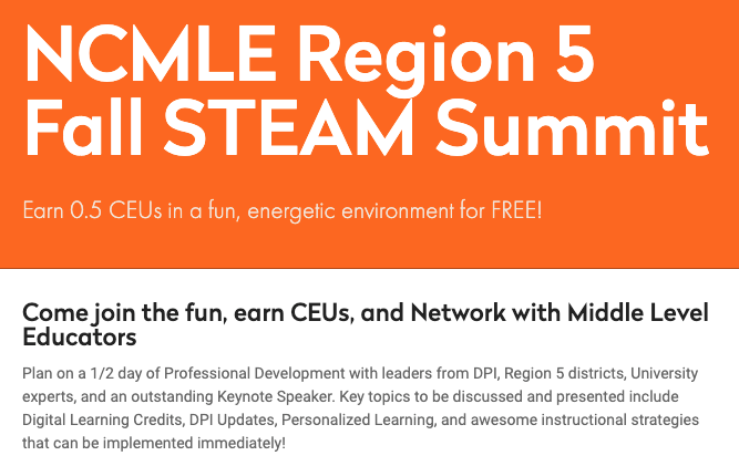 ncdpiDTL's tweet photo. The Region 5 team for the NC Association for Middle Level Education invites you to a FREE fall STEAM Summit in Winston-Salem on September 21st from 8 to1.  Conference Registration Form:   https://t.co/t6PMwsoSoV #nced #ncdlcn #NCSTEAM #NCSTEM https://t.co/YFVRfp2clC