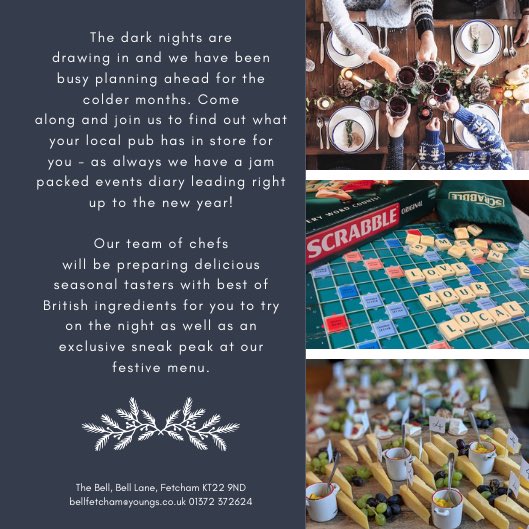 Join us for our #autumn #winter showcase - 27/9/19 6-9pm, seasonal menu tasters and live music @AaronNortonUK @YoungsPubs @whatsoninsurrey #loveyourlocal #winteriscoming #fetcham #leatherhead #bookham