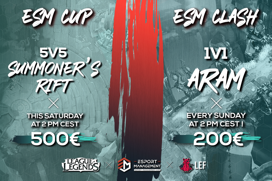 LEF_Community's tweet photo. ESM Cup #17 and ESM Clash #12 with our partner 👉@EsportManag 👈🔥

⚠️⚠️ 5v5 TOURNAMENT STARTS AT 2PM THIS SATURDAY ⚠️⚠️

Discord :  https://t.co/ytYboXDzus

5v5 Saturday, 500€ cashprize : https://t.co/2cT2vksmy1
----------
1V1 Sunday, 200€ cashprize : https://t.co/LmeeomlgfW https://t.co/lnFIFiogdI