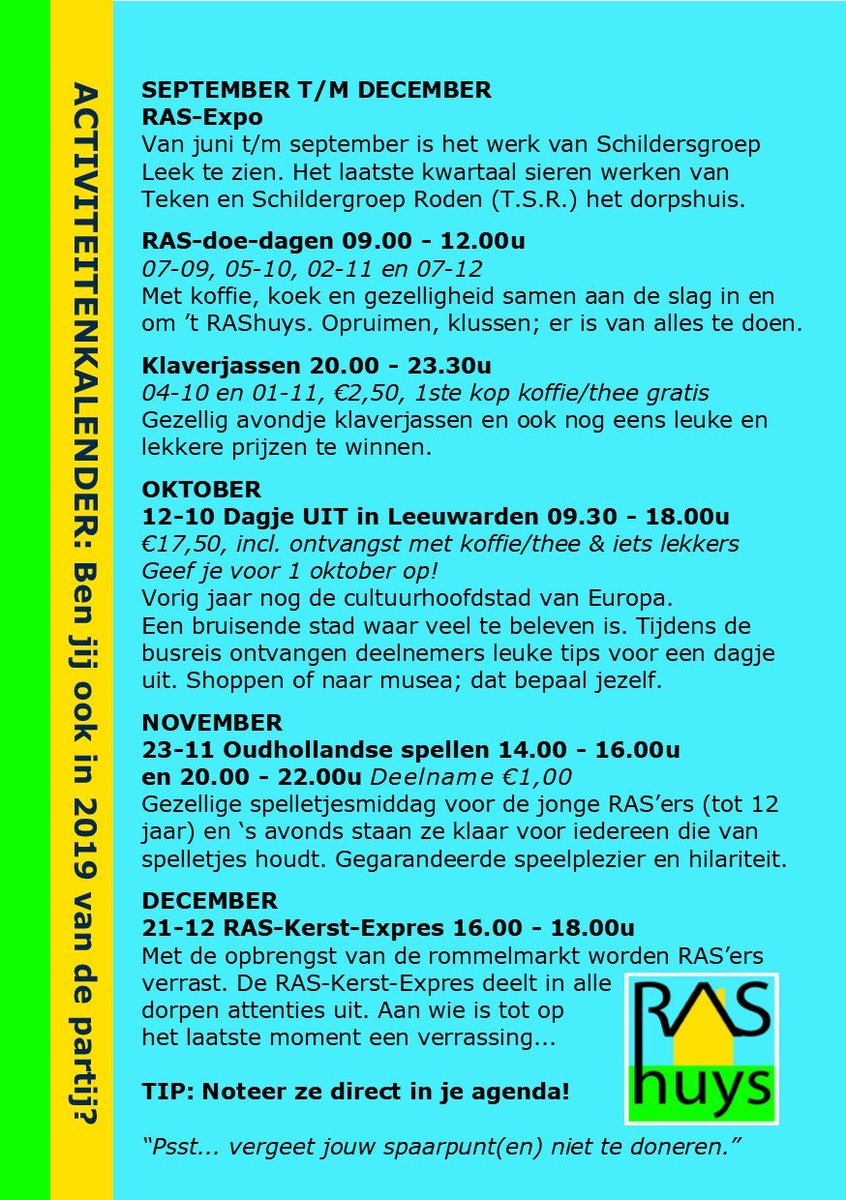 Deze week valt onze activiteitenflyer (nr. 3) bij alle RAS'ers in de brievenbus. Benieuwd? Neem alvast een kijkje: zaterdag 7/9 staat van 9.00 tot 12.00 uur de koffie klaar. Kom je ook een handje helpen bij onze RAS-doe-dag? 
#RASlopers bedankt!