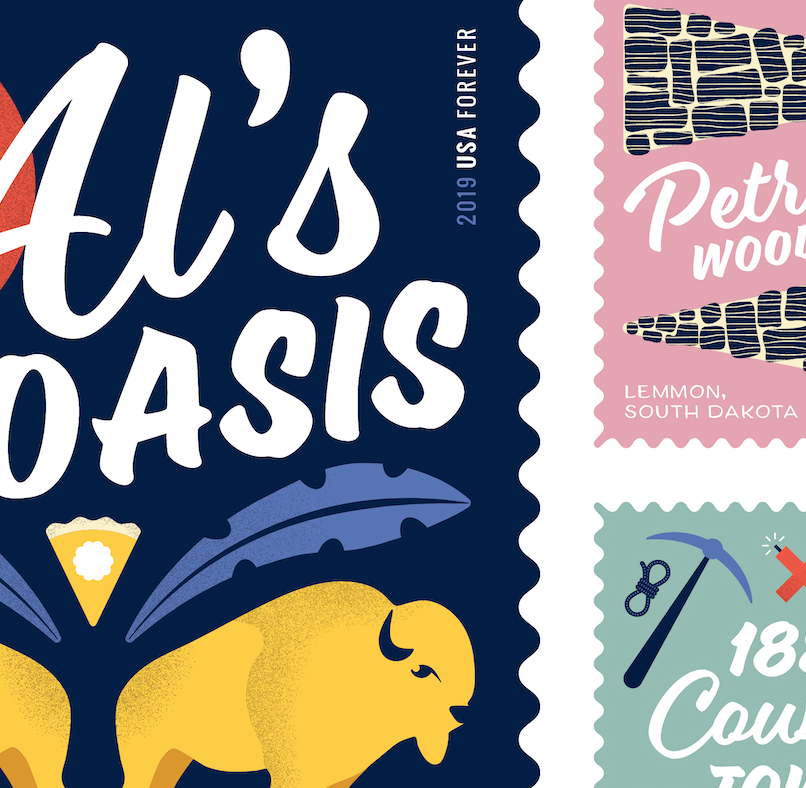 AIGA_SD's tweet photo. Sneak peek at the SD Stamp Show opening Friday, Sept 6th, 6pm at the Sioux Falls Design Center.

Each designer chose a South Dakota topic and will be designing a series of postage stamps within that theme. https://t.co/R09rQkRmkl