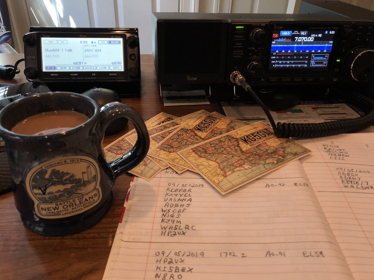 KG5GJT's tweet photo. Coffee &, Chicory, LOTW, D-STAR & PSK-31 on my @IcomAmericaInc radios and filling out some QSL cards. It’s a great afternoon in the #KG5GJTCommandCenter! All QSO’s from today’s #EL59 activation have been uploaded into LOTW. Any LOTW problems let me know. #AmateurRadio @AMSAT https://t.co/IoRhxsHtAB