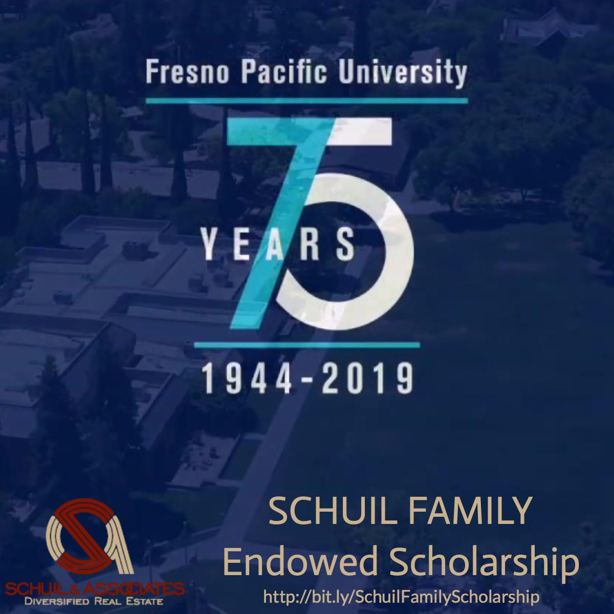 SchuilRE's tweet photo. Schuil &amp; Associates would like to congratulate @fpu on 75yrs of providing excellent education in #CA. We would also like to remind high school seniors to sign up for the Schuil Family Endowed Scholarship. Click the link below to check eligibility. 
https://t.co/hsSrCX9yHw https://t.co/2vYTewqv5g