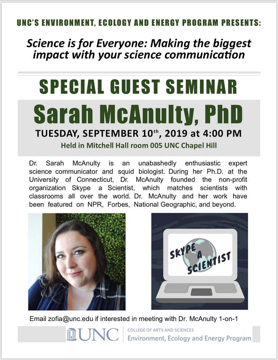 UNC Environment, Ecology and Energy Program (@enec_unc) on Twitter photo Squid scientist, <a href="/SkypeScientist/">Skype A Scientist</a> founder, and #Scicomm extraordinaire <a href="/SarahMackAttack/">Sarah McAnulty, Ph.D</a> will be joining us for Special Guest Seminar — next TUESDAY Sept. 10 at 4pm <a href="/UNC/">UNC-Chapel Hill</a>. Squid scientist, <a href="/SkypeScientist/">Skype A Scientist</a> founder, and #Scicomm extraordinaire <a href="/SarahMackAttack/">Sarah McAnulty, Ph.D</a> will be joining us for Special Guest Seminar — next TUESDAY Sept. 10 at 4pm <a href="/UNC/">UNC-Chapel Hill</a>.