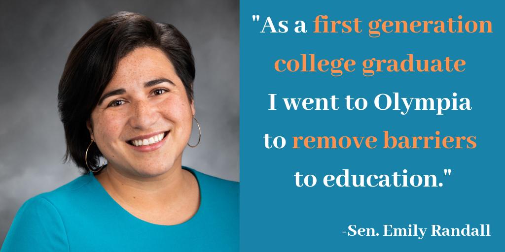 SupportWASchool's tweet image. "As a first generation college graduate, I went to #waleg to remove barriers to education for families in my district &amp;amp; across the state." That's why Sen. @EmilyRandallWA sponsored bills last session to help veterans, working parents &amp;amp; homeless students access college. #waedu