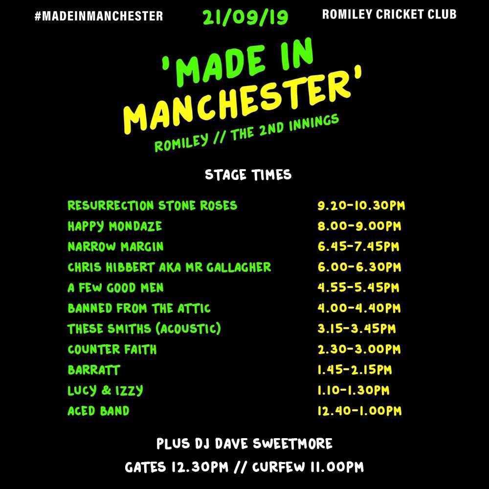ROMILEY STAGE TIMES!! 

📍 <a href="/RomileyCC/">Romiley Cricket Club</a> 
🗓 21st September // 12.30-11.00pm
🎵 Family Friendly 

#MADEINMANCHESTER 🙌🏻🎸🎵

🎫 ticketsource.co.uk/pitch-producti…
