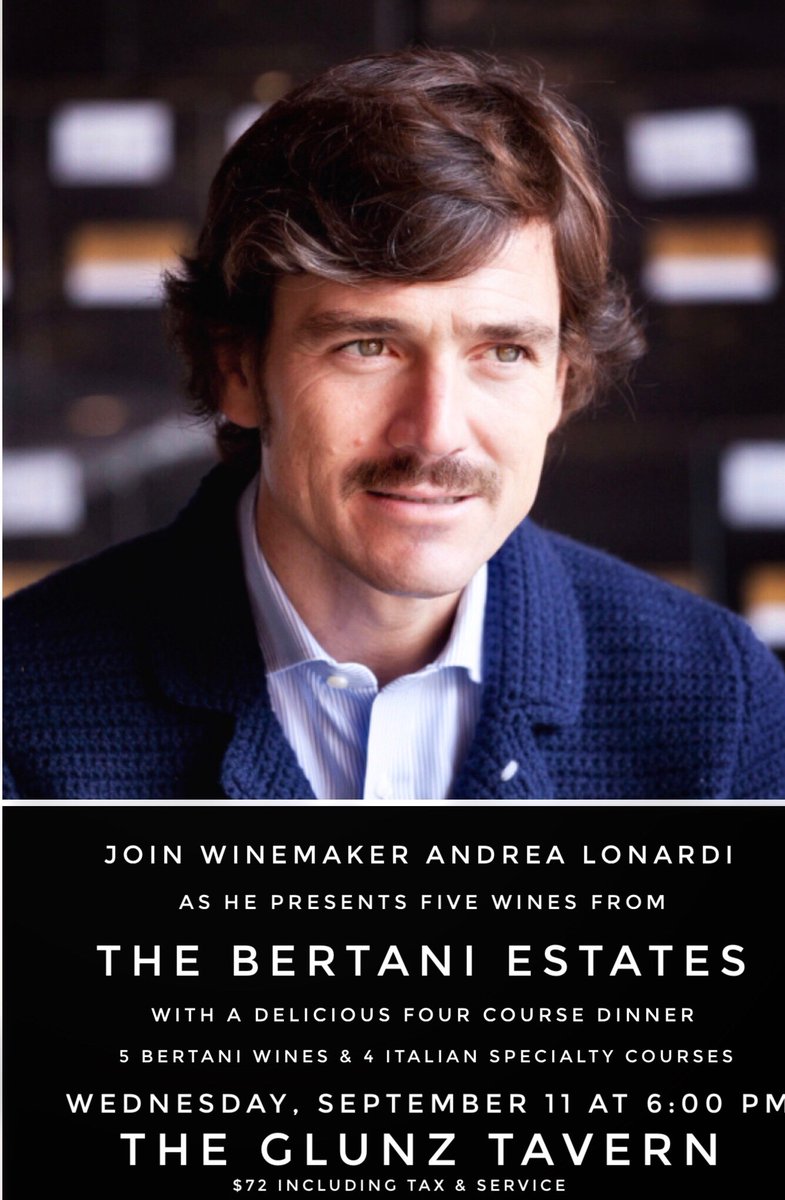 GlunzTavern's tweet photo. @GlunzTavern &amp; Bertani Domains present Winemaker Andrea Lonardi with 5 wines from Bertani Estates &amp;  pairing dinner. $72 RSVP 312-642-3000

#glunztavern #bertaniestates #andrealonardi #winetasting  #redeyechicago #eaterchicago #chicagotribune #chicagoevents  #chicagoblogger https://t.co/wycMVDBJUw