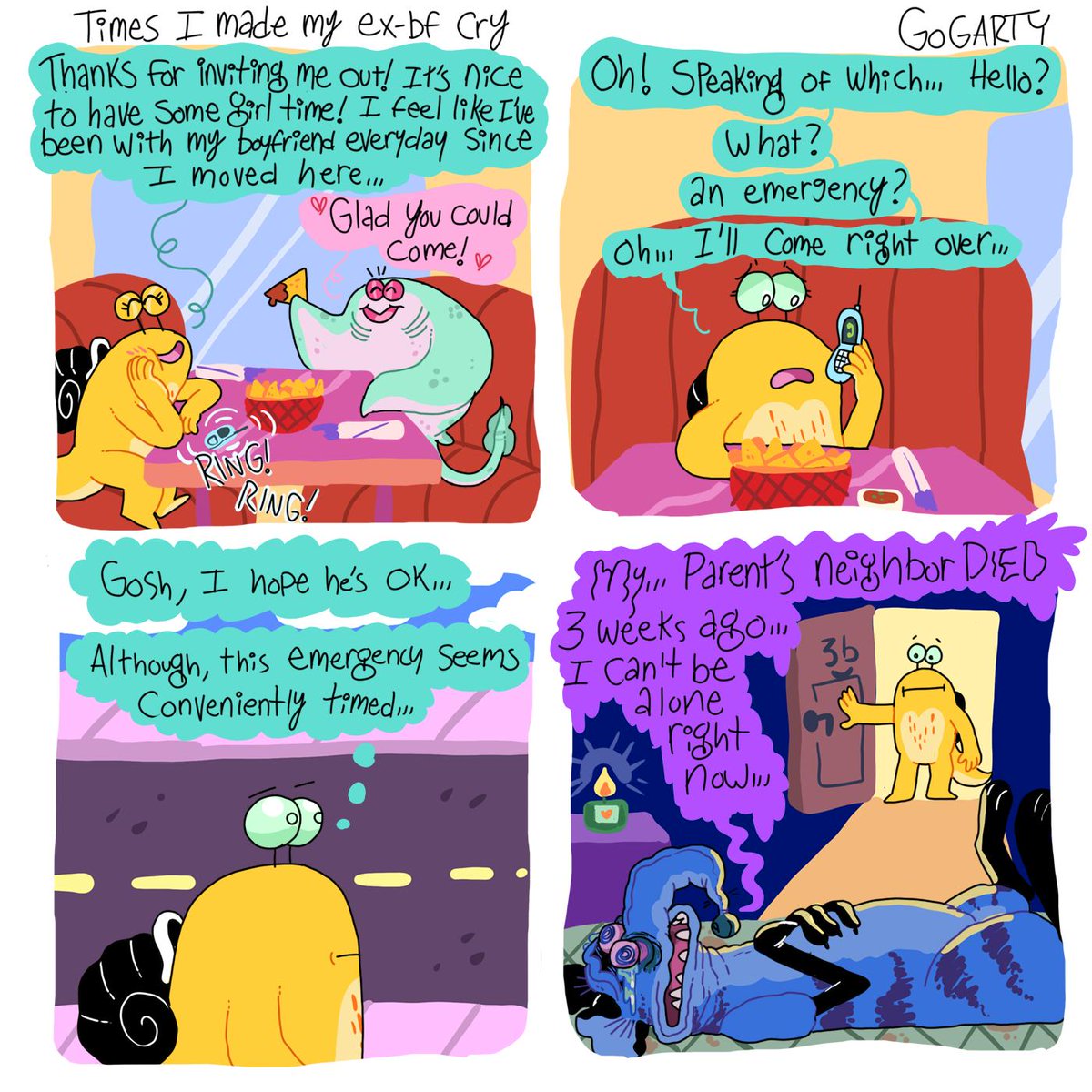 itslittletunny's tweet photo. Aaaand that's a wrap!! Thanks for a week of thrills and chills!! There's 30 "times I made my ex bf cry" comics in total now, and I'll be finding a local print shop to make some books of them all, so keep an eye out!! 🐌💕 https://t.co/rz5R1TXKmn