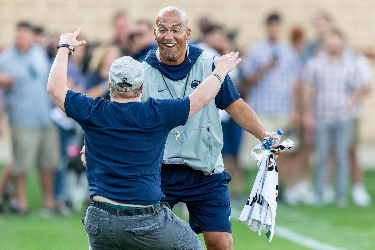 JoeHermitt's tweet photo. That moment when you reunite with your old friend. Penn State coach James Franklin greets Zack Williams following practice Wednesday. Zach is part of Penn State's @LifeLinkPSU program for special-needs students. @psufootball @PennLive https://t.co/RheJTUjdX2