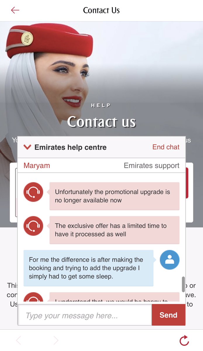 Lxs's tweet image. Contact @EmiratesSupport using LiveChat

agent articulated emotional appreciation
«I know it is disappointing»

Yet
«The offer was an exclusive offer online to be processed immediately»

Further
«you needed to contact us immediately if you were facing issues online»

#LogicCheck?