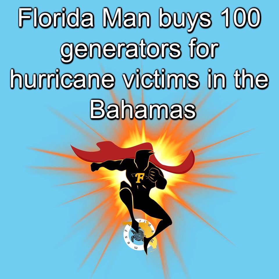 JoAnnMasonLA's tweet image. Florida man buys 100 generators for hurricane victims in the Bahamas while #DerangedDonnie #DoNothingTrump @realDonaldTrump wastes taxpayer money golfing.  Always golfing, keeping Secret Service from going home at night to their families. #HurricaneDorian2019 #TrumpIsAMoron